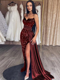 Burgundy Gold Sheath Sweetheart Sleeveless Long Sweep Train Velvet Sequin Prom Dress (AF1032)