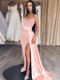 Pink Sheath Sweetheart Sleeveless Long Sweep Train Velvet Sequin Prom Dress (AF1032)