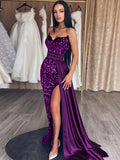 Plum Purple Sheath Sweetheart Sleeveless Long Sweep Train Velvet Sequin Prom Dress (AF1032)