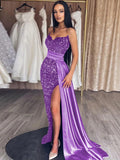 Purple Sheath Sweetheart Sleeveless Long Sweep Train Velvet Sequin Prom Dress (AF1032)