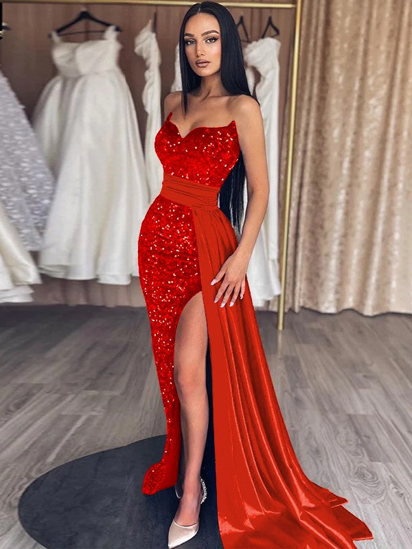 Red Sheath Sweetheart Sleeveless Long Sweep Train Velvet Sequin Prom Dress (AF1032)