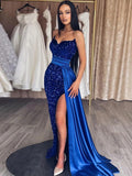 Royal Blue Sheath Sweetheart Sleeveless Long Sweep Train Velvet Sequin Prom Dress (AF1032)