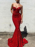 Burgundy Mermaid Sweetheart Sleeveless Long Court Train Velvet Sequin Prom Dress (AF1033)