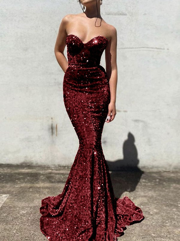 Burgundy Gold Mermaid Sweetheart Sleeveless Long Court Train Velvet Sequin Prom Dress (AF1033)