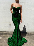 Dark Green Mermaid Sweetheart Sleeveless Long Court Train Velvet Sequin Prom Dress (AF1033)