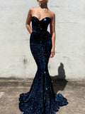 Dark Navy Mermaid Sweetheart Sleeveless Long Court Train Velvet Sequin Prom Dress (AF1033)