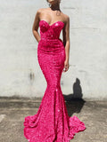 Fuchsia Mermaid Sweetheart Sleeveless Long Court Train Velvet Sequin Prom Dress (AF1033)