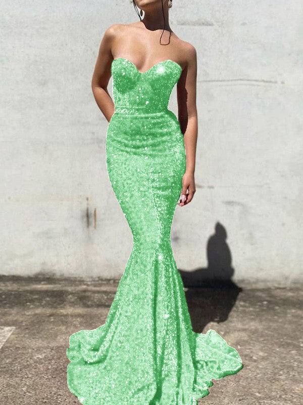 Green Blue 41 Mermaid Sweetheart Sleeveless Long Court Train Velvet Sequin Prom Dress (AF1033)