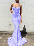 Lavender Mermaid Sweetheart Sleeveless Long Court Train Velvet Sequin Prom Dress (AF1033)