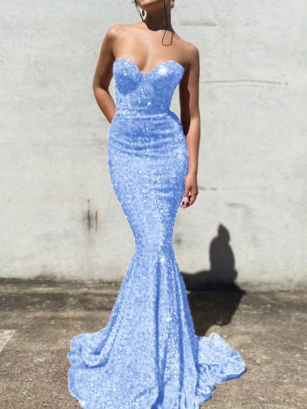 Periwinkle Mermaid Sweetheart Sleeveless Long Court Train Velvet Sequin Prom Dress (AF1033)