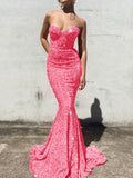 Pink 46 Mermaid Sweetheart Sleeveless Long Court Train Velvet Sequin Prom Dress (AF1033)
