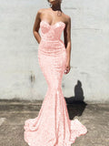 Pink Mermaid Sweetheart Sleeveless Long Court Train Velvet Sequin Prom Dress (AF1033)