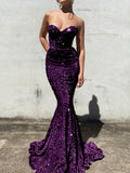 Plum Purple Mermaid Sweetheart Sleeveless Long Court Train Velvet Sequin Prom Dress (AF1033)