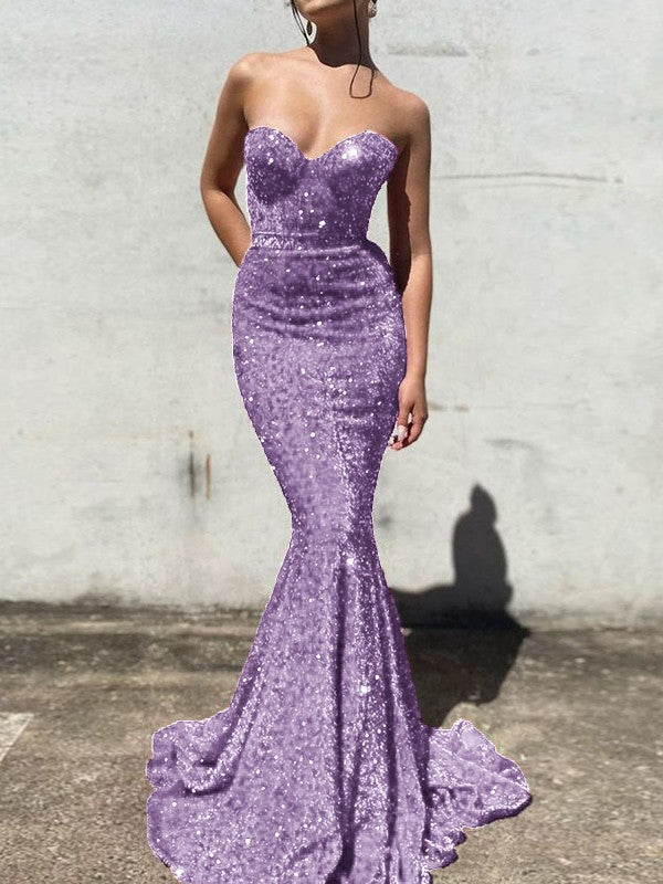 Purple Mermaid Sweetheart Sleeveless Long Court Train Velvet Sequin Prom Dress (AF1033)