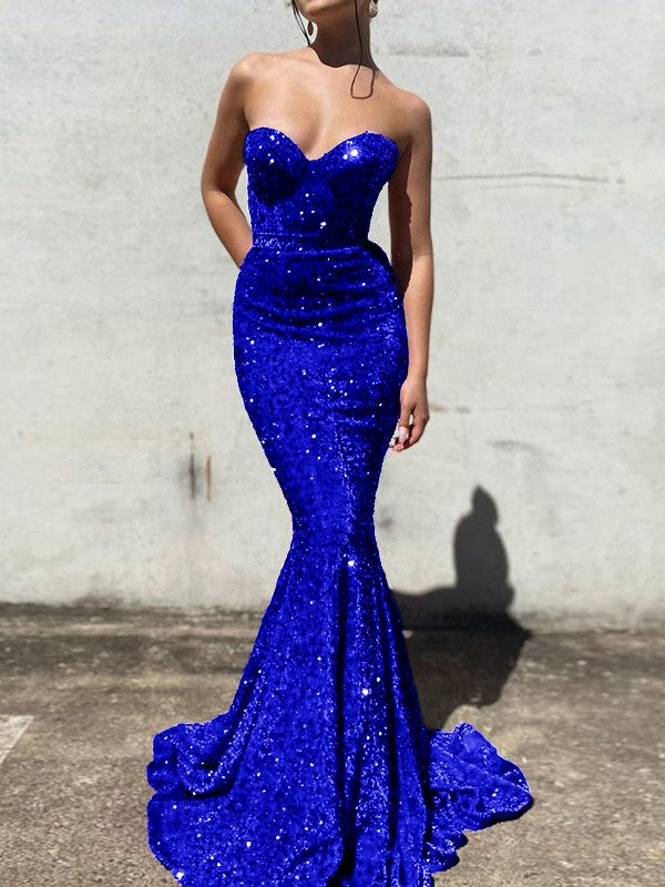Royal Blue Mermaid Sweetheart Sleeveless Long Court Train Velvet Sequin Prom Dress (AF1033)