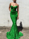 Shamrock Green Mermaid Sweetheart Sleeveless Long Court Train Velvet Sequin Prom Dress (AF1033)