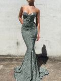 Slate Grey Mermaid Sweetheart Sleeveless Long Court Train Velvet Sequin Prom Dress (AF1033)