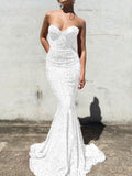 White Mermaid Sweetheart Sleeveless Long Court Train Velvet Sequin Prom Dress (AF1033)