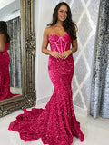 Fuchsia Sheath Sweetheart Sleeveless Long Court Train Velvet Sequin Prom Dress (AF1034)