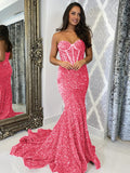 Pink 46 Sheath Sweetheart Sleeveless Long Court Train Velvet Sequin Prom Dress (AF1034)