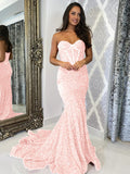 Pink Sheath Sweetheart Sleeveless Long Court Train Velvet Sequin Prom Dress (AF1034)