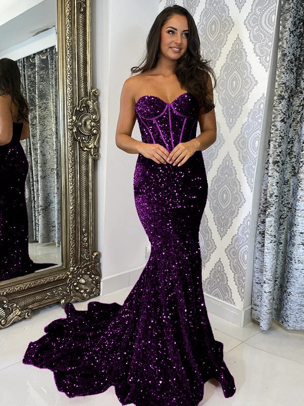 Plum Purple Sheath Sweetheart Sleeveless Long Court Train Velvet Sequin Prom Dress (AF1034)