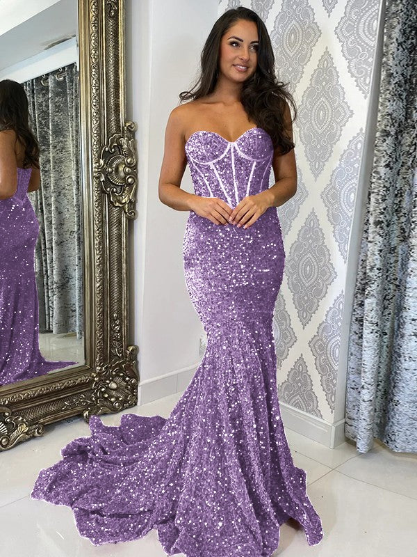 Purple Sheath Sweetheart Sleeveless Long Court Train Velvet Sequin Prom Dress (AF1034)