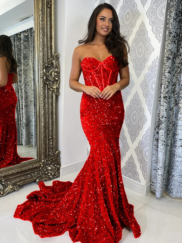Red Sheath Sweetheart Sleeveless Long Court Train Velvet Sequin Prom Dress (AF1034)