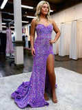 Lavender A-Line Sweetheart Sleeveless Long Court Train Velvet Sequin Prom Dress (AF1048)