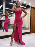 Fuchsia Sheath Sweetheart Sleeveless Long Floor Length Velvet Sequin Prom Dress (AF1050)