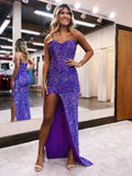 Purple Sheath Sweetheart Sleeveless Long Floor Length Velvet Sequin Prom Dress (AF1050)