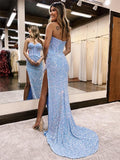 Blue Sheath Sweetheart Sleeveless Long Court Train Velvet Sequin Prom Dress (AF1051)