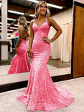 Pink 46 Sheath V-Neck Sleeveless Long Sweep Train Velvet Sequin Prom Dress (AF1005)