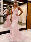 Pink Sheath V-Neck Sleeveless Long Sweep Train Velvet Sequin Prom Dress (AF1005)