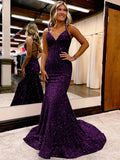 Plum Purple Sheath V-Neck Sleeveless Long Sweep Train Velvet Sequin Prom Dress (AF1005)