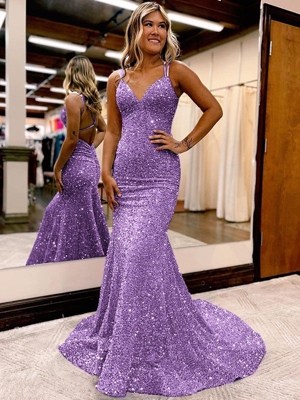 Purple Sheath V-Neck Sleeveless Long Sweep Train Velvet Sequin Prom Dress (AF1005)