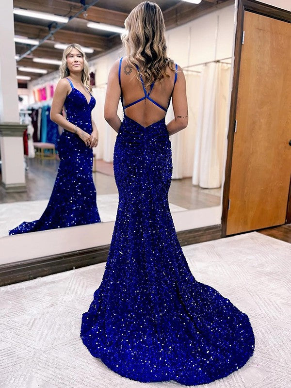 Royal Blue Sheath V-Neck Sleeveless Long Sweep Train Velvet Sequin Prom Dress (AF1005)