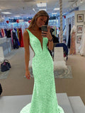 Green Blue 41 Sheath V-Neck Sleeveless Long Sweep Train Velvet Sequin Prom Dress (AF1007)