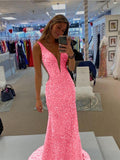 Pink 46 Sheath V-Neck Sleeveless Long Sweep Train Velvet Sequin Prom Dress (AF1007)