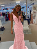 Pink Sheath V-Neck Sleeveless Long Sweep Train Velvet Sequin Prom Dress (AF1007)