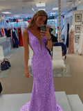 Purple Sheath V-Neck Sleeveless Long Sweep Train Velvet Sequin Prom Dress (AF1007)