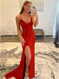 Red Sheath V-Neck Sleeveless Long Sweep Train Velvet Sequin Prom Dress (AF1008)