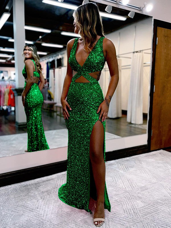 Dark Green Sheath V-Neck Sleeveless Long Sweep Train Velvet Sequin Prom Dress (AF1009)