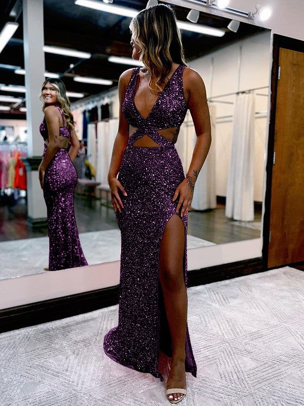 Plum Purple Sheath V-Neck Sleeveless Long Sweep Train Velvet Sequin Prom Dress (AF1009)