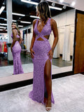 Purple Sheath V-Neck Sleeveless Long Sweep Train Velvet Sequin Prom Dress (AF1009)