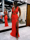 Red Sheath V-Neck Sleeveless Long Sweep Train Velvet Sequin Prom Dress (AF1009)