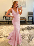 Pink Sheath V-Neck Sleeveless Long Sweep Train Velvet Sequin Prom Dress (AF1011)