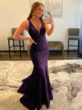 Plum Purple Sheath V-Neck Sleeveless Long Sweep Train Velvet Sequin Prom Dress (AF1011)