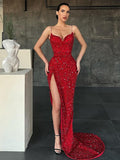 Red Sheath V-Neck Sleeveless Long Sweep Train Velvet Sequin Prom Dress (AF1021)