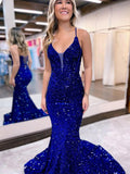 Royal Blue Mermaid V-Neck Sleeveless Long Court Train Velvet Sequin Prom Dress (AF1037)